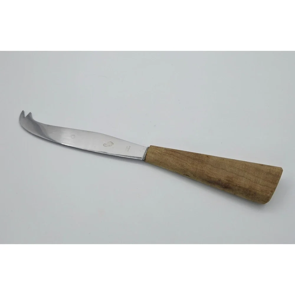 Vintage Inoxidable Cheese Knife Wooden Handle Curved Fork Tip Stainless Steel